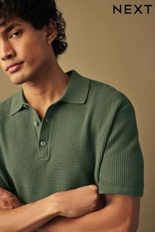 Green Knitted Waffle Textured Regular Fit Polo Shirt (704801) | KRW58,200