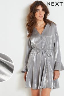 Silver Metallic Long Flutter Sleeve Mini Dress (705660) | €23
