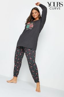 Yours Curve Langärmeliges Pyjamaset mit Bündchen und Mops-Motiv (706032) | 41 €