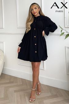 AX Paris Long Sleeve Gathered Detail Button Front Black Dress (706298) | €62