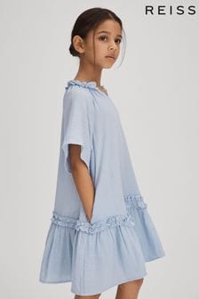 Reiss Blue Millie Senior Seersucker Cotton Ruffle Dress (707994) | SGD 152
