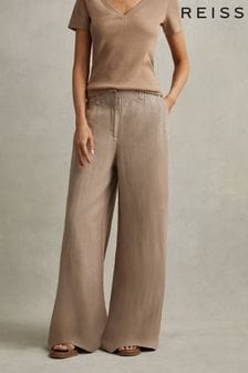 Mink nevtralno - Lanene barvane hlače s širokimi hlačnicami Reiss Demi (708169) | €171