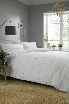 Appletree White Salcombe Embroidered Stripe Cotton Duvet Cover And Pillowcase Set