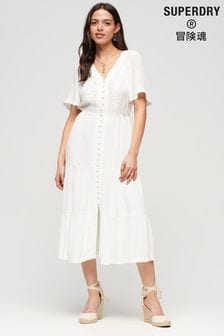 SUPERDRY White Embroidered Tiered Midi Dress (708998) | AED305