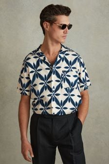 Ecru/Navy - Reiss Marabel Relaxed Printed Cuban Collar Shirt (709240) | kr2 010