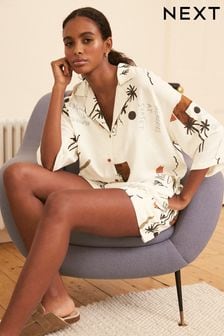 Cremefarben mit Muster - Pyjama-Set mit geknöpftem Oberteil und Shorts (709481) | 24 €