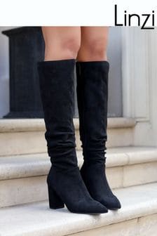 Linzi Black Nina Faux Suede Block Heel Knee High Ruched Boots With Pointed Toe (711272) | ₪ 277