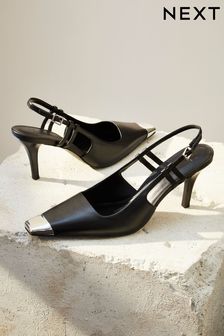 Black Premium Leather Metal Chisel Toe Slingback Heel Shoes (712001) | AED193