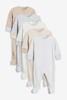 Premium Neutrals Baby 5 Pack Printed Sleepsuits (0-2yrs) (712039) | SGD 45 - SGD 49