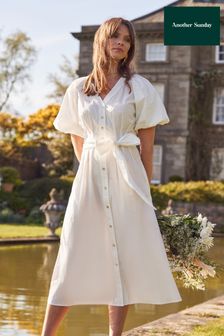Bela - Another Sunday srednje dolga obleka z napihnjenimi rokavi in zavezovanjem v pasu v beli (712178) | €37