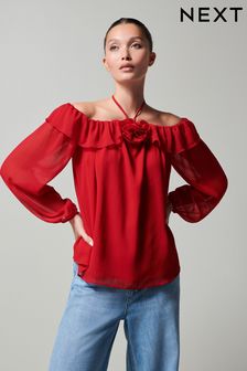 Red Corsage Halter Neck Long Sleeve Top (712383) | €15