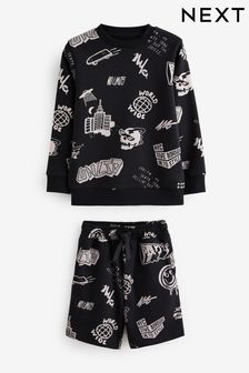 Black All-Over Printed Crew Neck Sweatshirt and Shorts Set (3-16yrs) (712661) | SGD 41 - SGD 56