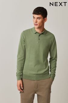 Olive Green Regular Knitted Long Sleeve Polo Shirt (712928) | $39