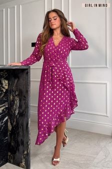Girl In Mind Purple Metallic Foil Spot Tanya Foil Asymmetric Midi Dress (714255) | €31