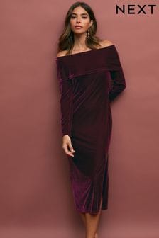 Burgundy Red Bardot Velvet Midi Dress (714903) | $89