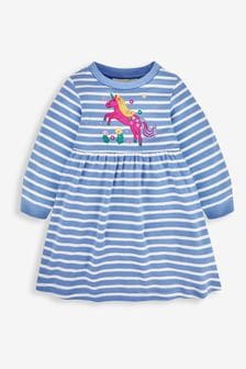 JoJo Maman Bébé Blue Unicorn Appliqué Stripe Dress (715264) | €38