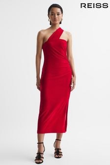 Reiss Red Abbey Velvet One-Shoulder Midi Dress (718663) | $262