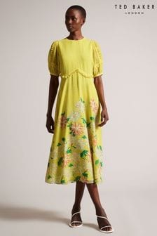 Ted Baker Yellow Carinnn Midi Tea Dress With Puff Sleeve (719132) | 615 zł