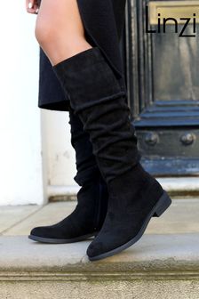 Linzi Black Ciara Faux Suede Flat Ruched Boots (719217) | €66