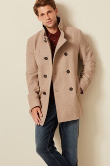 Oatmeal Double Breasted Funnel Neck Coat (720298) | ₪ 220