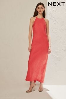 Koralowo-różowy - Sukienka midi Premium ze 100% lnu (720347) | 325 zł