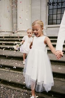 Weiß - Blumenmädchen Kleid mit Zierschleife (3 Monate bis 16 Jahre) (721238) | 51 € - 65 €