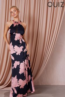 Quiz Floral Satin Halterneck Maxi Dress