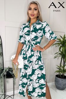 Зеленое платье-рубашка миди с цветочным принтом и рукавами 3/4 и поясом Ax Paris (722537) | €31