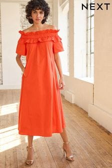 Popelinowa sukienka midi Bardot z falbanką (730429) | 120 zł