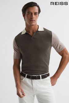 Reiss Mushroom Brown Stoneleigh Wool Open Collar Polo Shirt (731505) | OMR74