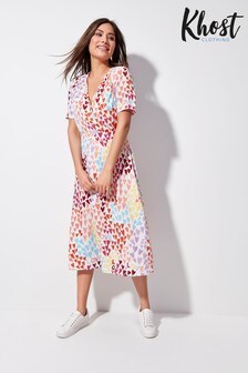 Robe croisée mi-longue Khost imprimé cœurs multicolores rose
