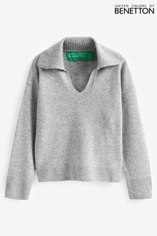 Benetton Übergroßer Pullover mit Kragen aus grauer Wollmischung (735062) | 76 €