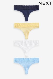 White/Blue/Yellow Thong Cotton and Lace Knickers 4 Pack (735790) | SGD 24