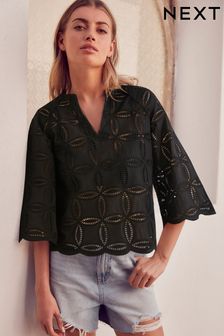 3/4 Sleeve Floral Broderie Notch Neck Top