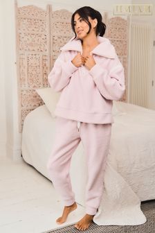 Jim Jam The Label Zweiteiliges Teddyfell-Pyjamaset mit Reißverschluss, Rosa (737714) | 24 €