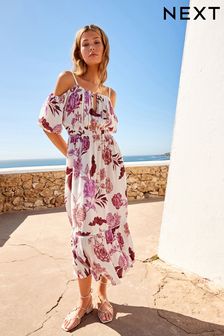 Cream/Pink Floral Off Shoulder Strappy Summer Dress (739003) | 67 €