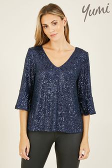 Yumi Blue Sequin Top With Fluted Sleeve (739294) | KRW96,100