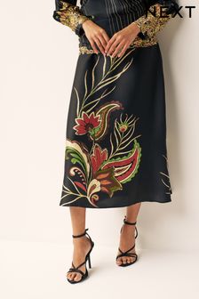 Black Paisley Print Satin Skirt (739372) | $51