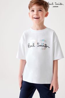 לבן - Paul Smith Junior בנים הולוגרפית שרוול שרוול קצר אוברסייז חולצת טי עם הדפס אייקוני (739563) | ‏251 ‏₪