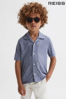 Reiss Blue Basswood Junior Printed Cuban Collar Button Through T-Shirt (740028) | SGD 88