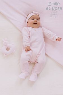 Emile Et Rose Pink Velour All-In-One With Pink Rosebud Embroidery, Lace & Hairband (740203) | ₪ 182