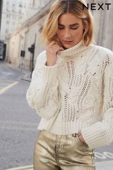 Bež/bela - Kvačkan pulover z odprtim šivom in zavihanim ovratnikom (740899) | €21