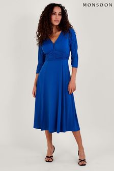 Niebieska marszczona sukienka midi Monsoon z dżerseju z ozdobnym kółkiem (741495) | 225 zł