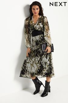 Ecru Floral Print Long Sleeve Sheer Layer Midi Dress (741942) | 29,870 Ft