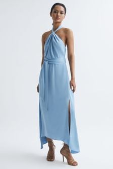 Reiss Blue Evelyn Fitted Halter Neck Midi Dress (742278) | AED1,642