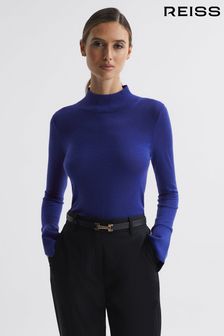 Reiss Blue Kylie Merino Wool Fitted Funnel Neck Top (743012) | AED634