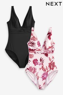 Black/Ecru Floral 2 Pack Wired Plunge Tummy Control Swimsuit (744005) | $132