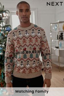Neutralny - Męski dzianinowy sweter świąteczny o regularnym kroju z motywem bałwana i wzorami skandynawskimi (744542) | 220 zł