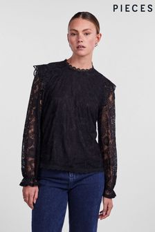 PIECES Black Long Sleeve Lace Frill Blouse (745387) | $70