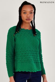 Monsoon Green Pointelle Stitch Jumper with Tie Back in Sustainable Cotton (746003) | 87 €